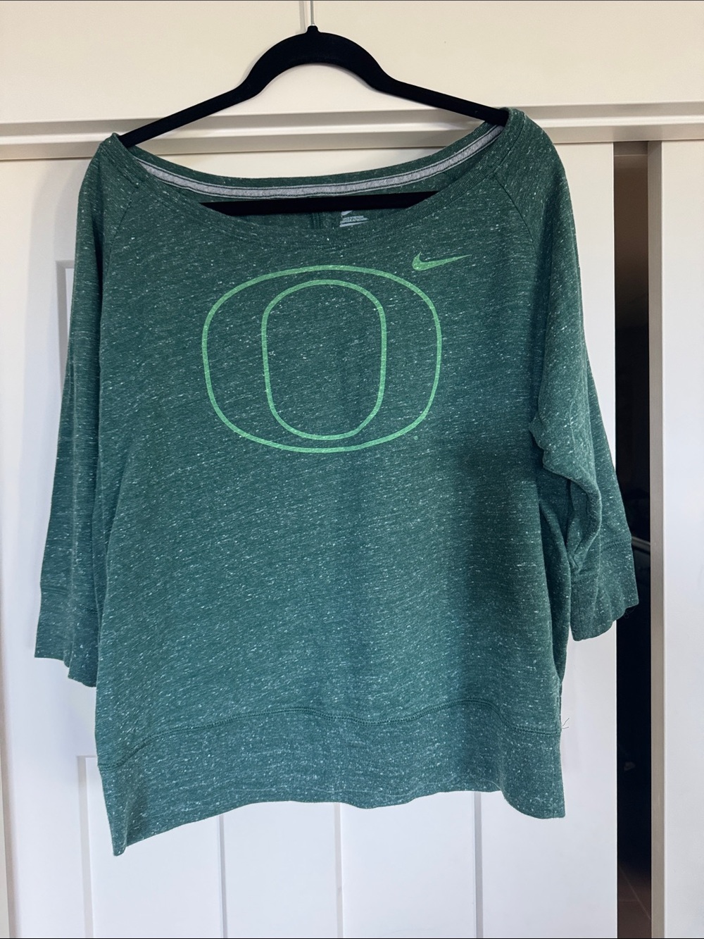 Nike Women's Heathered Forest Green Scoop-Neck Sweatshirt with Neon Logo